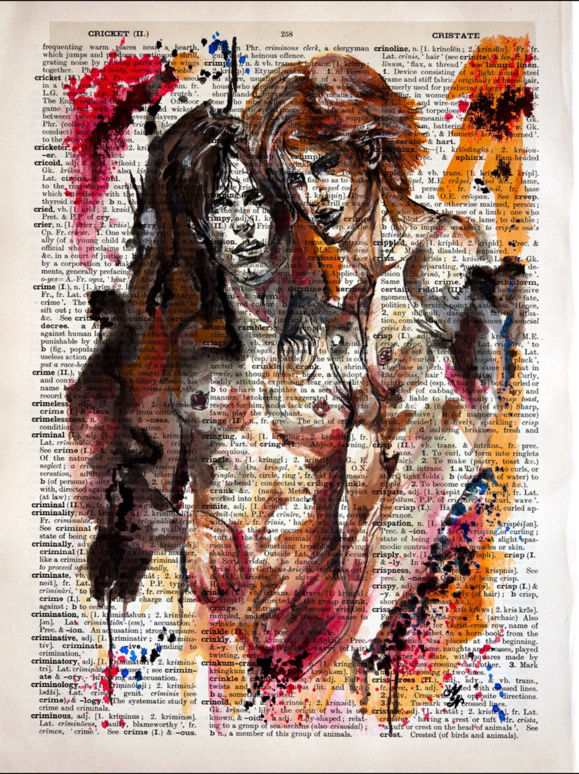 Vibrant and expressive "Embrace of Love" digital art on an authentic 1930s English dictionary page.