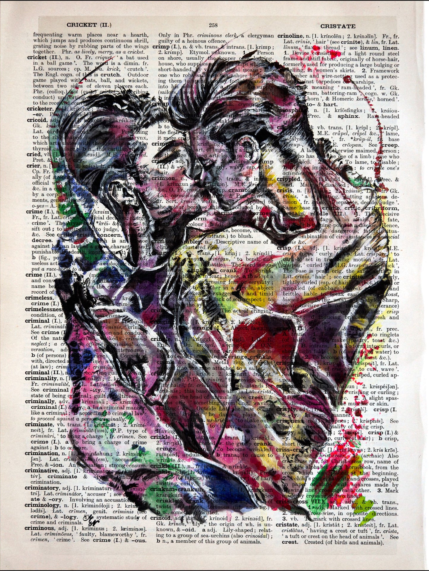 "Passionate Embrace" by Malgorzata Nierobisz: Intimate digital painting of two men kissing on a vintage dictionary page.