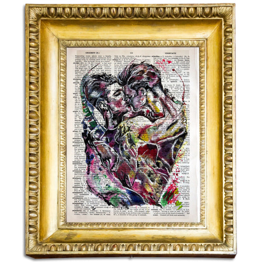 "Passionate Embrace" on the vintage page is a digital art featuring two men locked in a kiss, surrounded by vibrant colours.