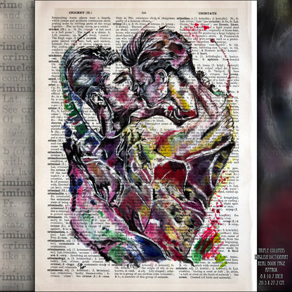 Digital artwork "Passionate Embrace" by Misty Lady, depicting two men in a passionate kiss on a 1930s dictionary page.
