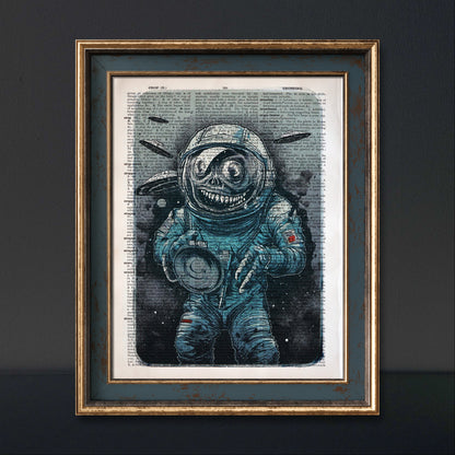 An astronaut-like creature with big teeth and eerie eyes featured in "Cosmic Plague" print on an upcycled page.