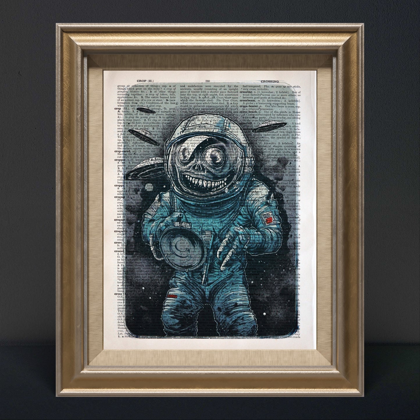 "Cosmic Plague" digital art features an eerie astronaut-like figure and flying saucers on a 1930s dictionary page.