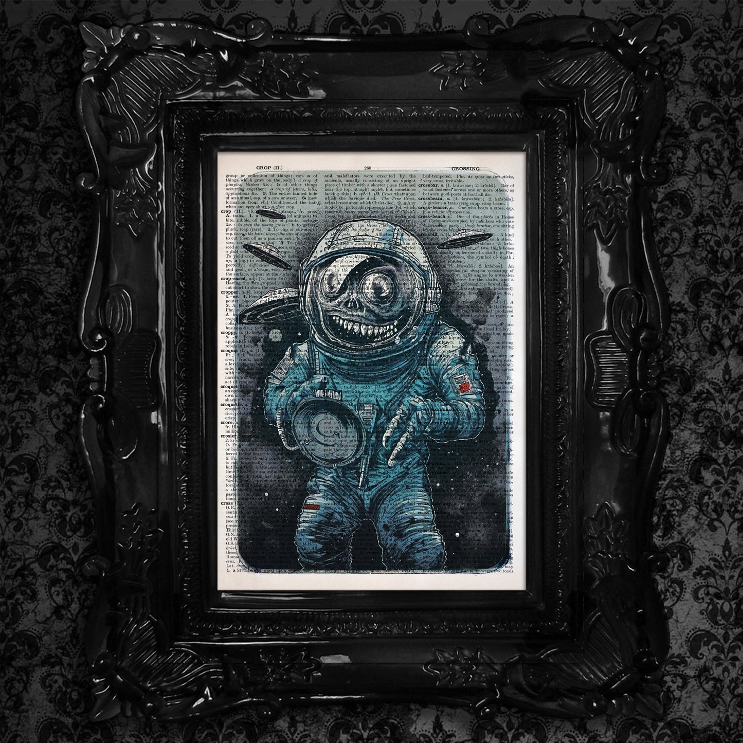 The "Cosmic Plague" series blends sci-fi horror with vintage charm, printed on upcycled dictionary pages.