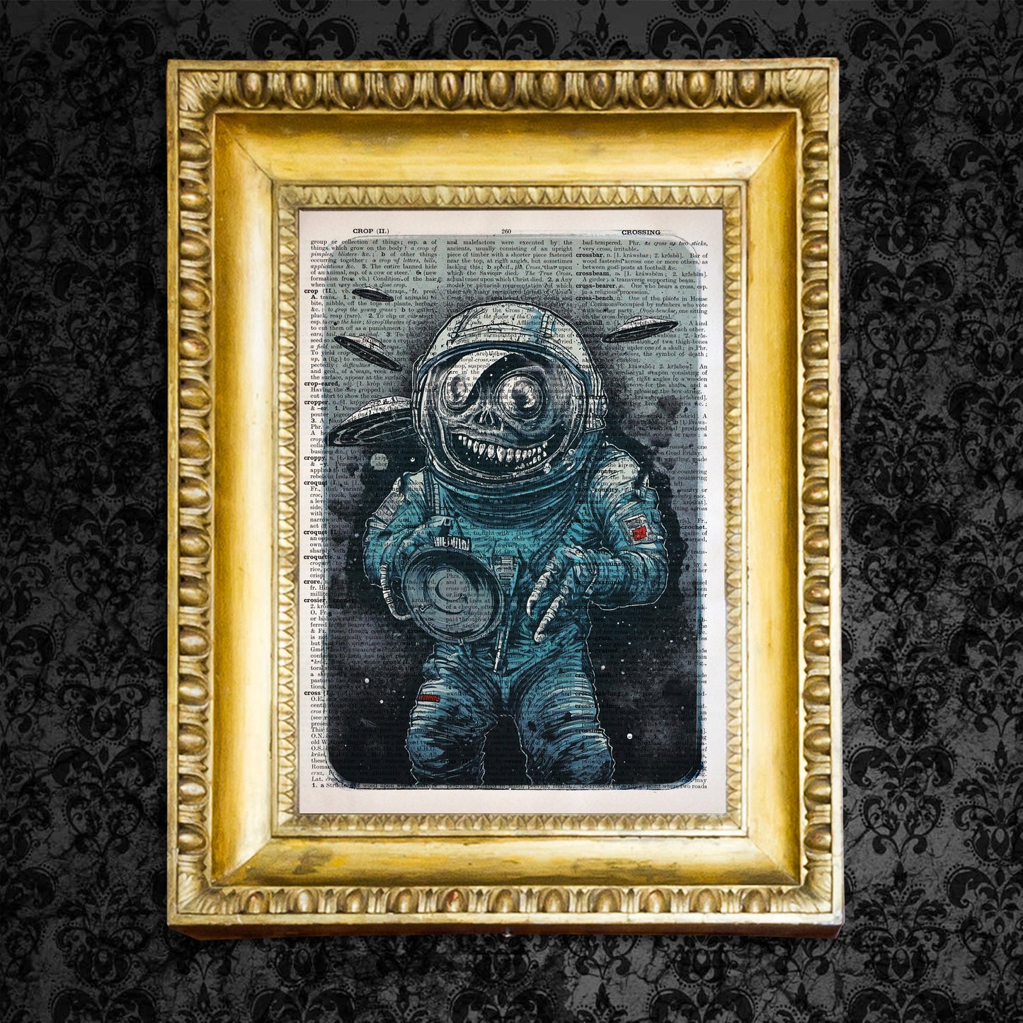 "Cosmic Plague" in shades of grey and blue, perfect for sci-fi horror fans, printed on a vintage dictionary page.