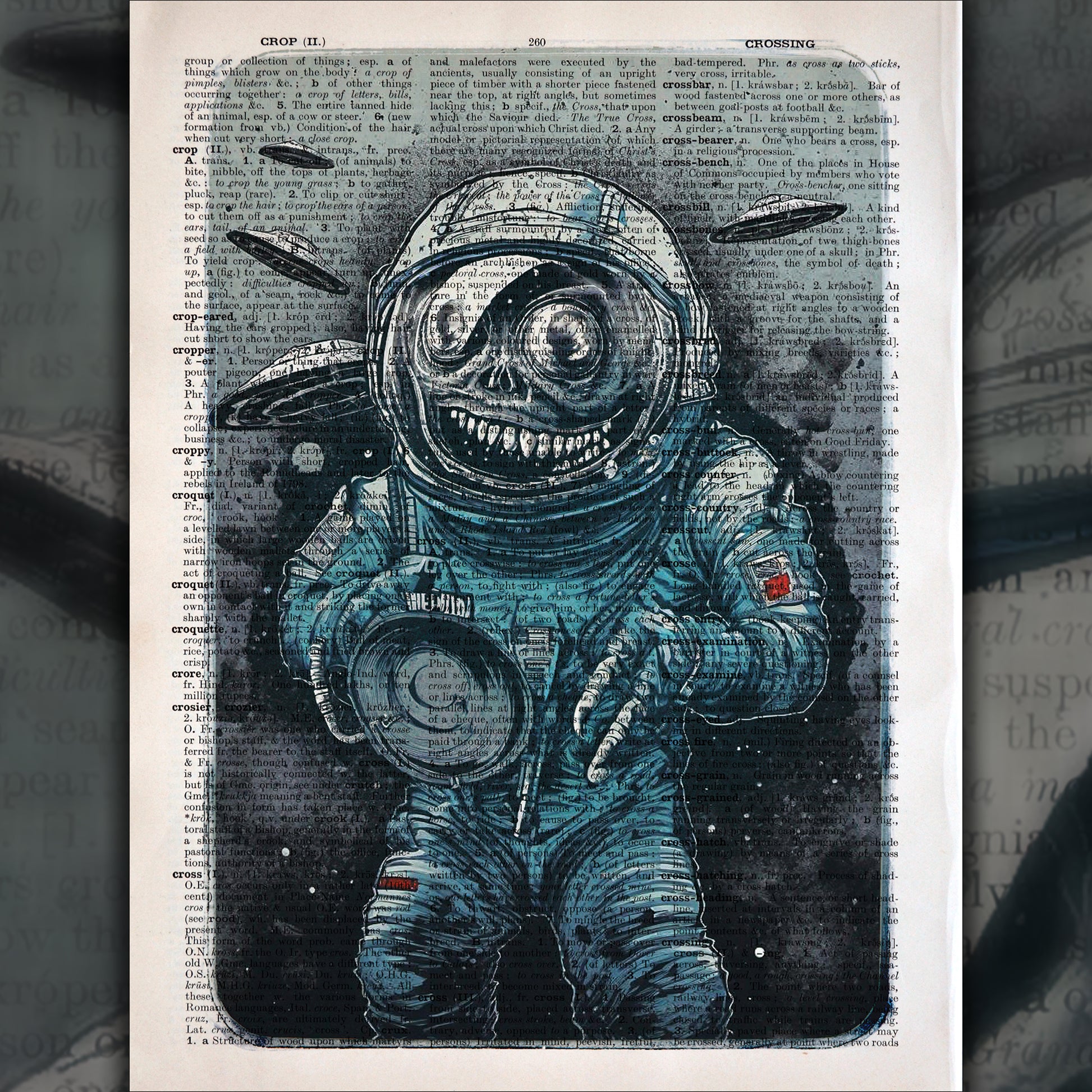 Digital art print "Cosmic Plague" features a creature rushing towards us with flying saucers in the background.