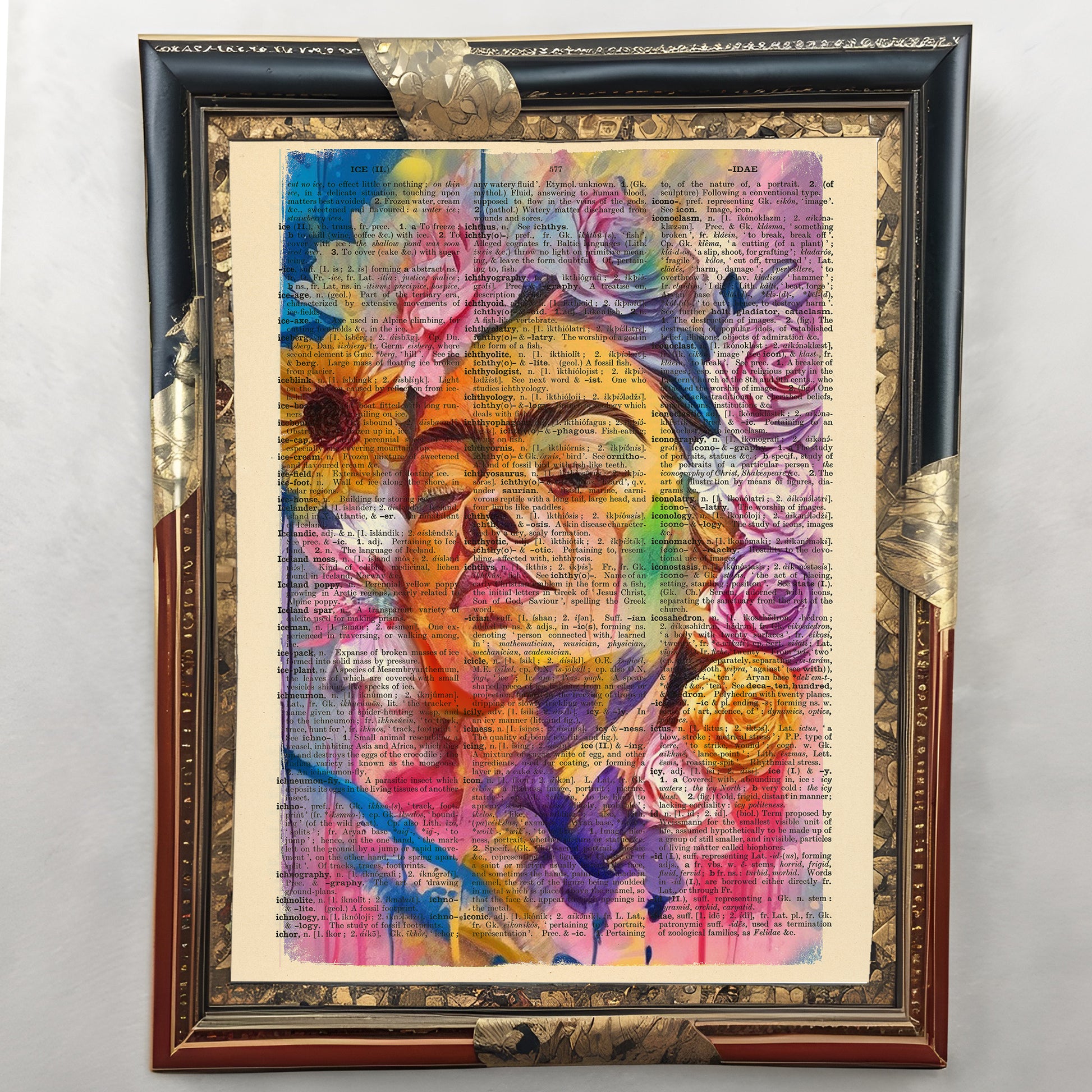 Vintage-style portrait of Frida Kahlo surrounded by flowers on an old book page.