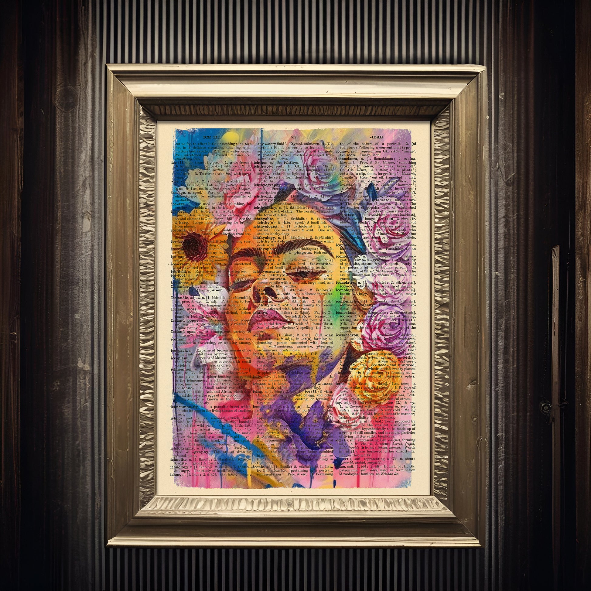 Colorful Frida portrait on a vintage English dictionary page.