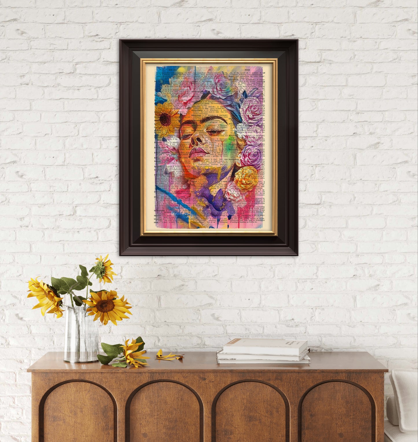 Digital art of Frida Kahlo with flower crown on an antique dictionary page.