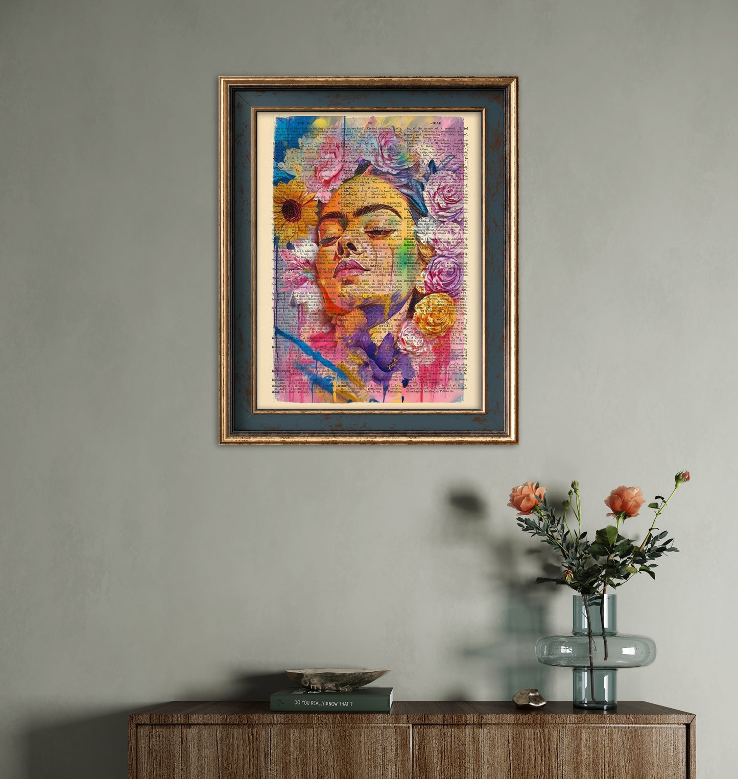 Colorful young Frida digital painting on a vintage dictionary page.