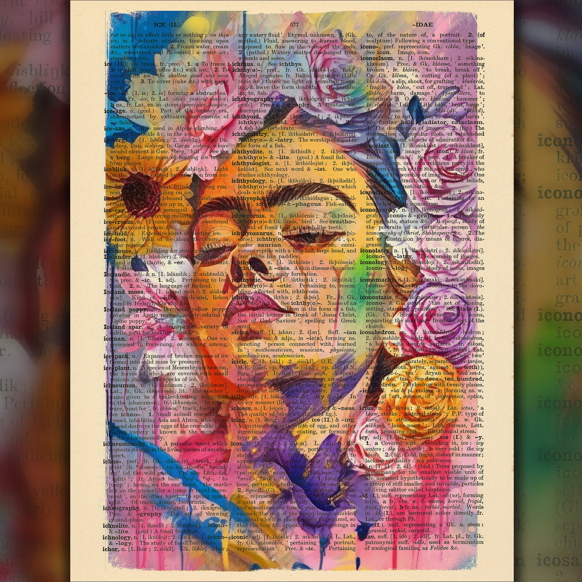 Frida Kahlo with floral crown on upcycled 1930s English dictionary page.