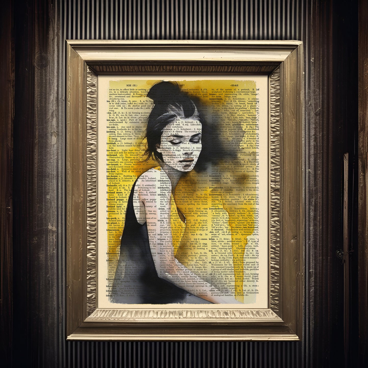 Upcycled vintage dictionary page featuring a digital watercolour portrait of a woman.