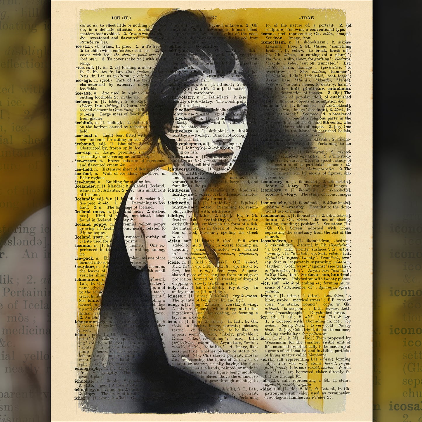 Limited edition art of a woman’s pensive expression on a vintage dictionary page.