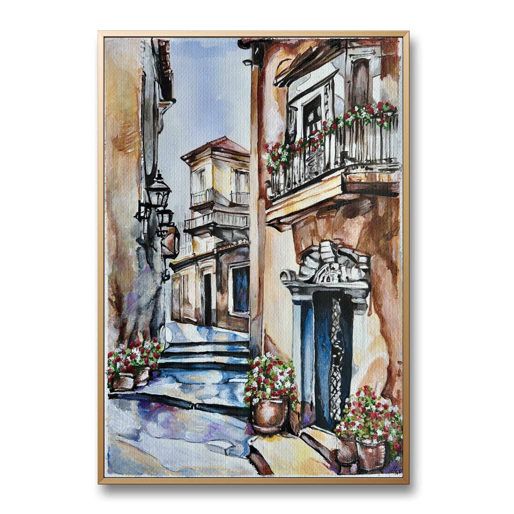 Original mixed media painting of a quiet Mediterranean village street with colourful flower balconies.