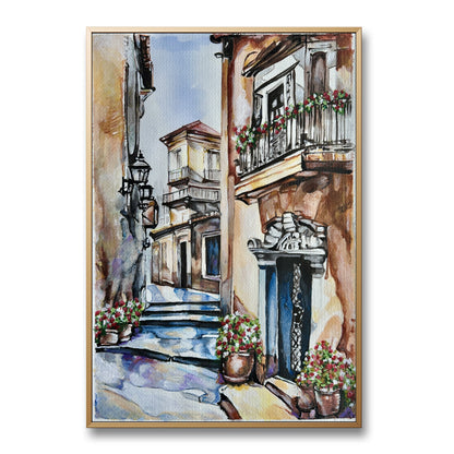 Original mixed media painting of a quiet Mediterranean village street with colourful flower balconies.
