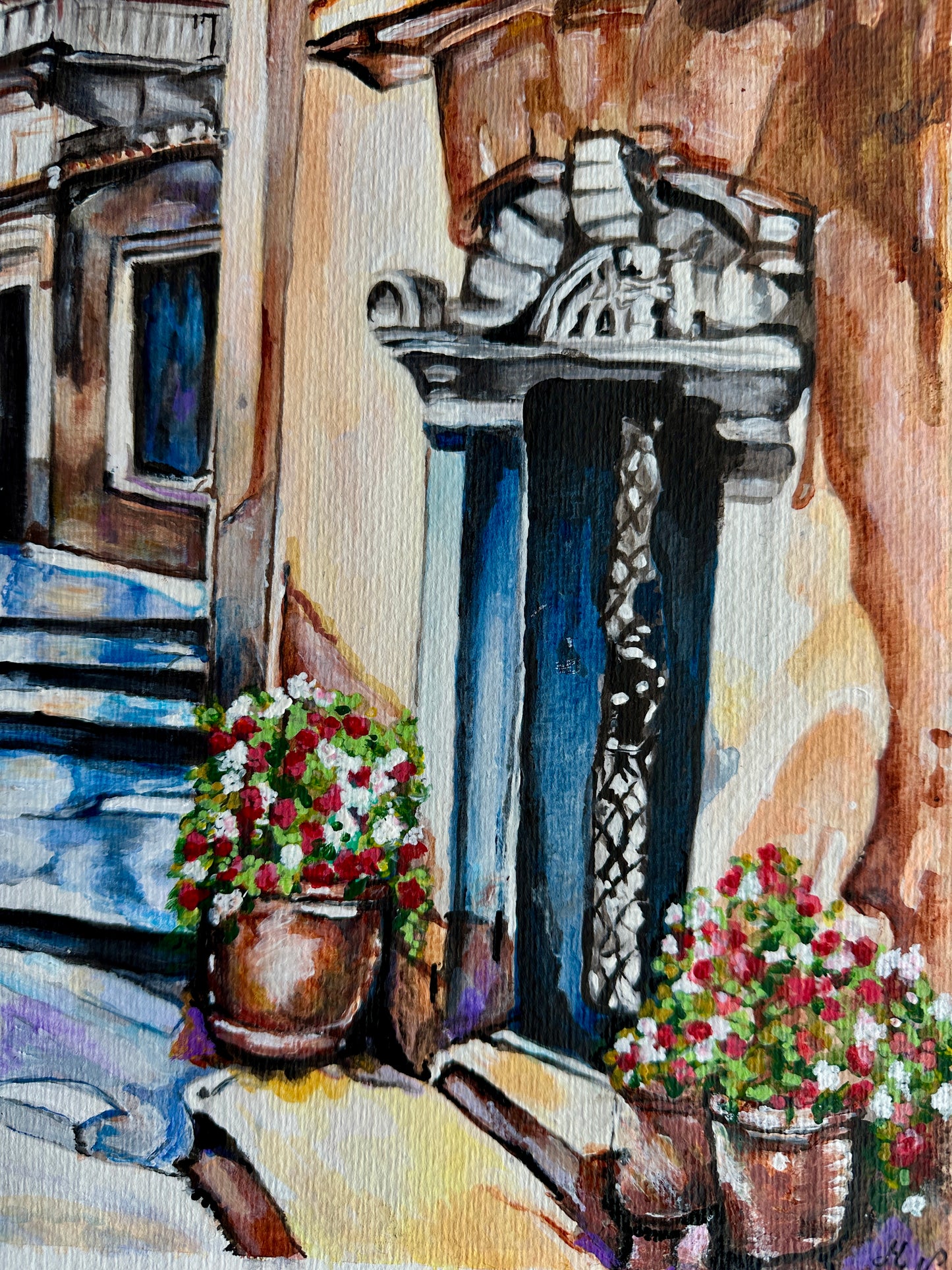 Watercolour and acrylic artwork featuring sunlit Mediterranean architecture and cobblestone alley.