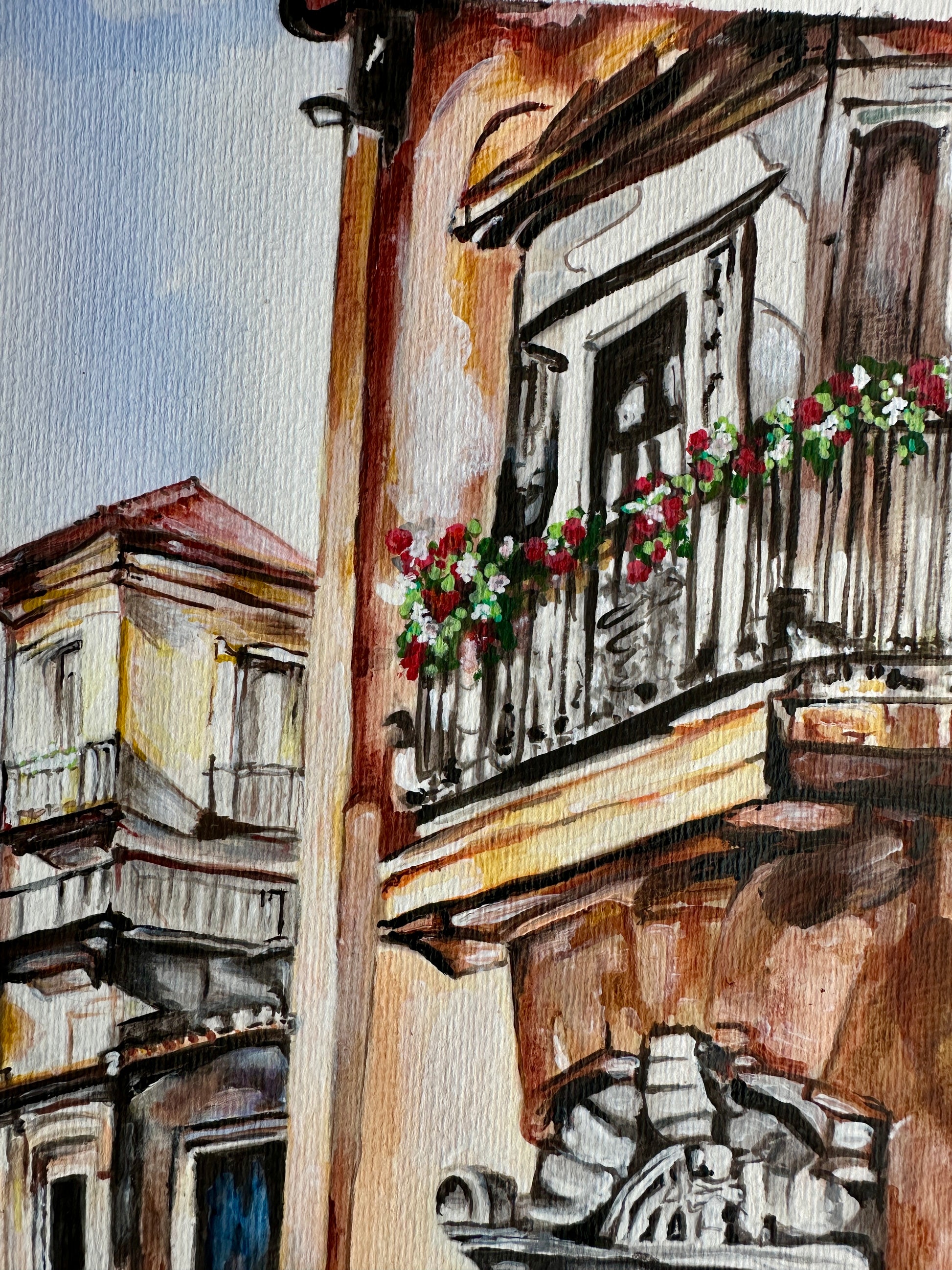 Mediterranean village painting with blooming bougainvillea and historic European buildings.