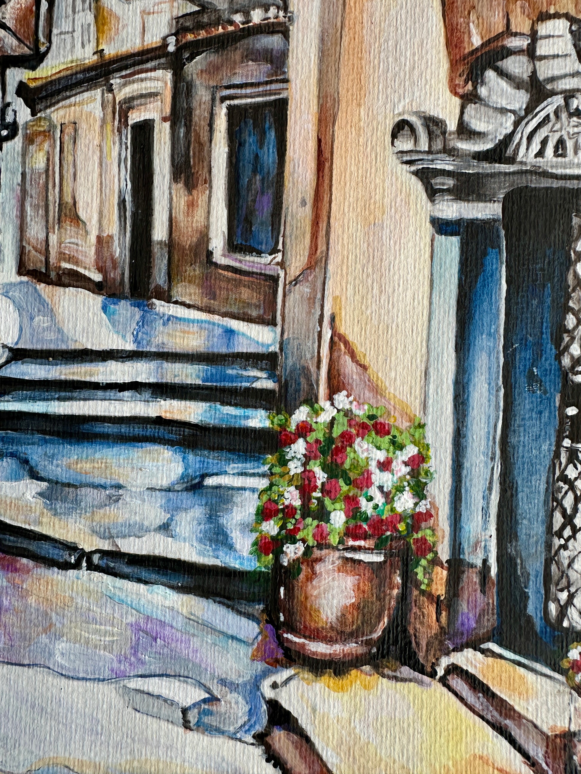 Contemporary mixed media artwork inspired by traditional Mediterranean streets.