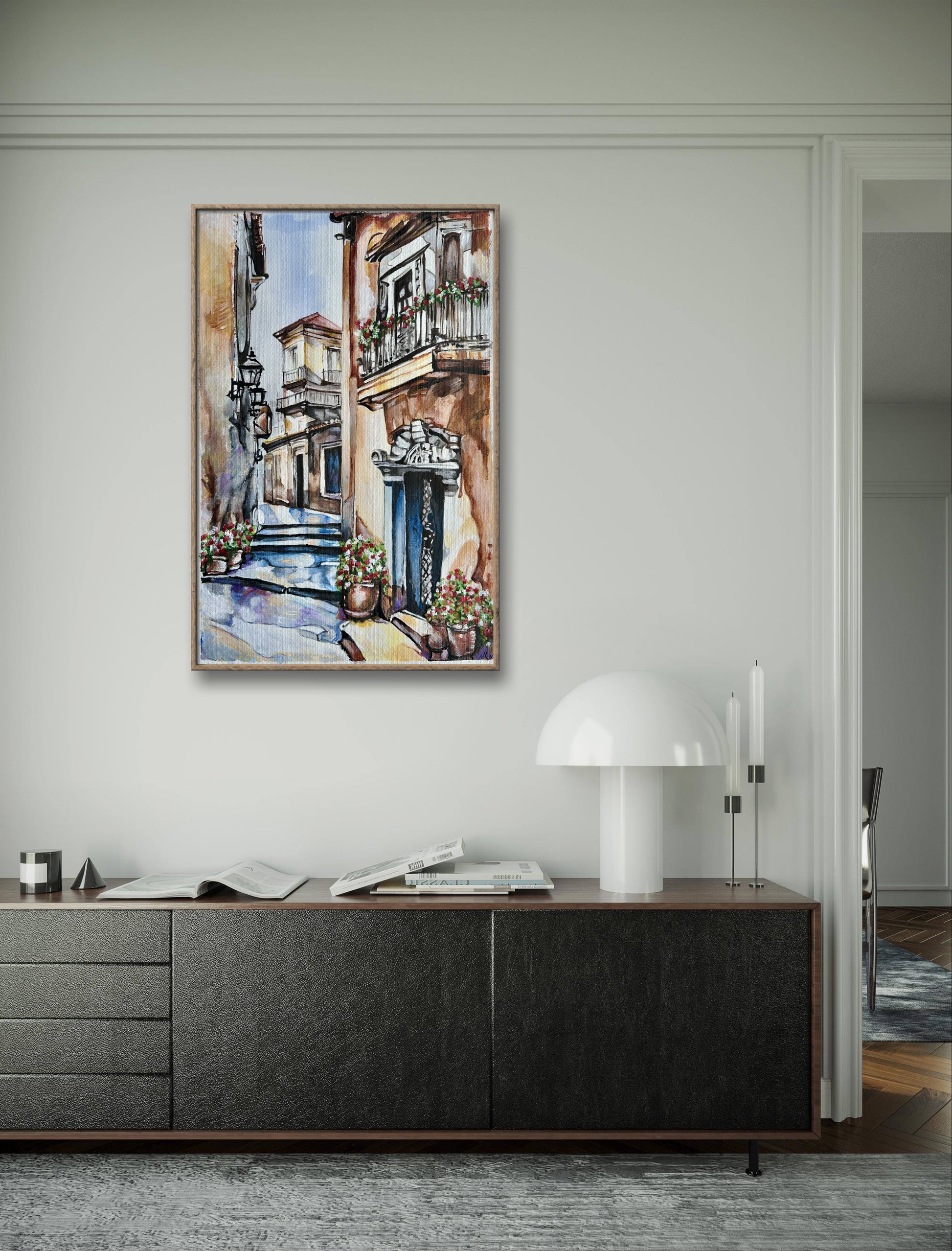 Original architectural painting with warm sunlight and vibrant flower pots.