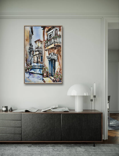 Original architectural painting with warm sunlight and vibrant flower pots.