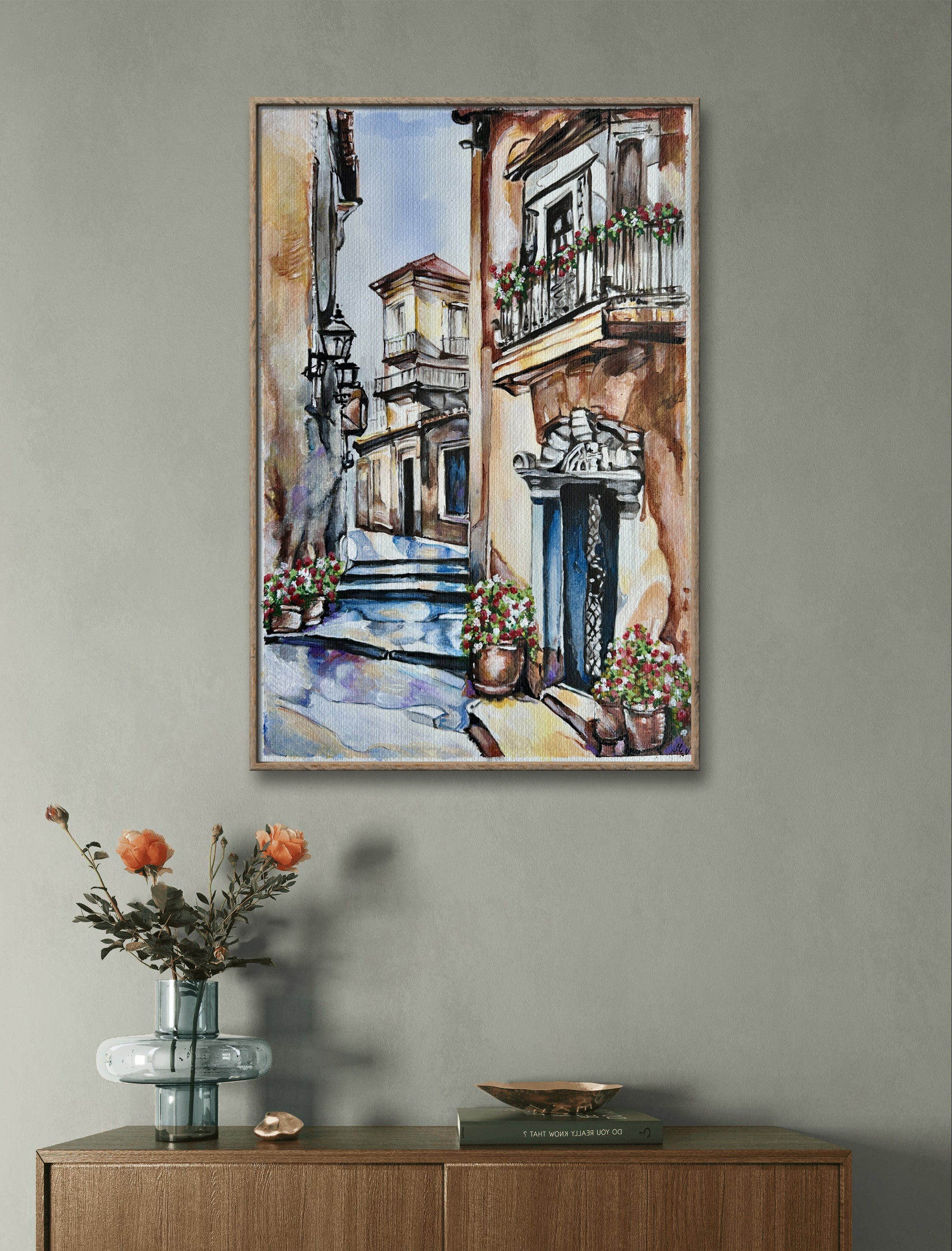 Hand-painted Mediterranean alley in watercolour, acrylic and ink on textured paper.