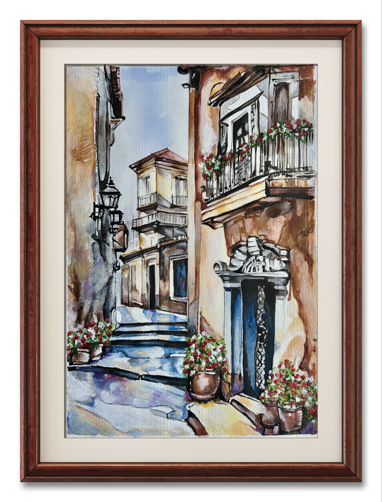 European village street artwork featuring balconies decorated with colourful flowers.