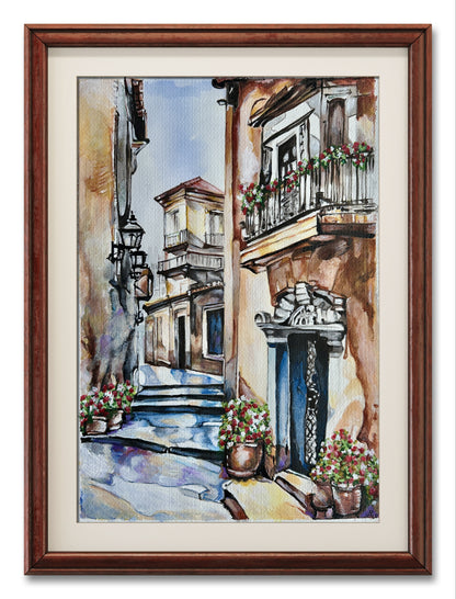 European village street artwork featuring balconies decorated with colourful flowers.
