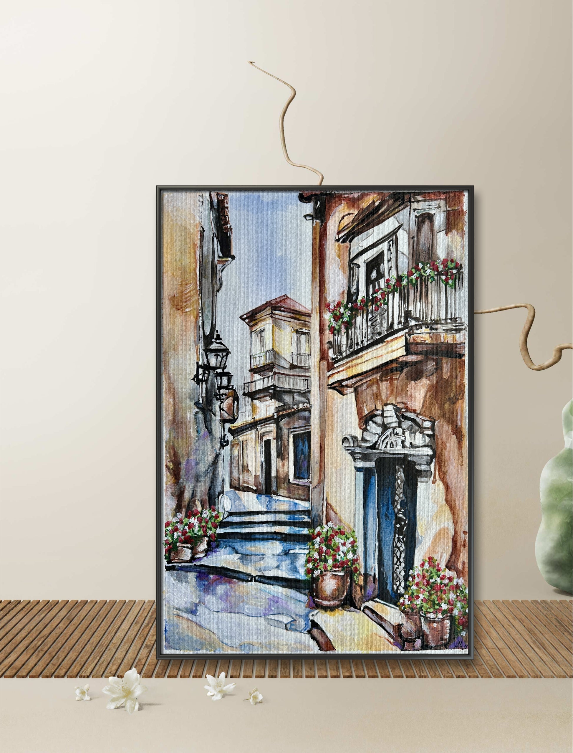 Peaceful Mediterranean townscape painted using expressive mixed media techniques.