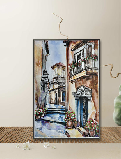Peaceful Mediterranean townscape painted using expressive mixed media techniques.