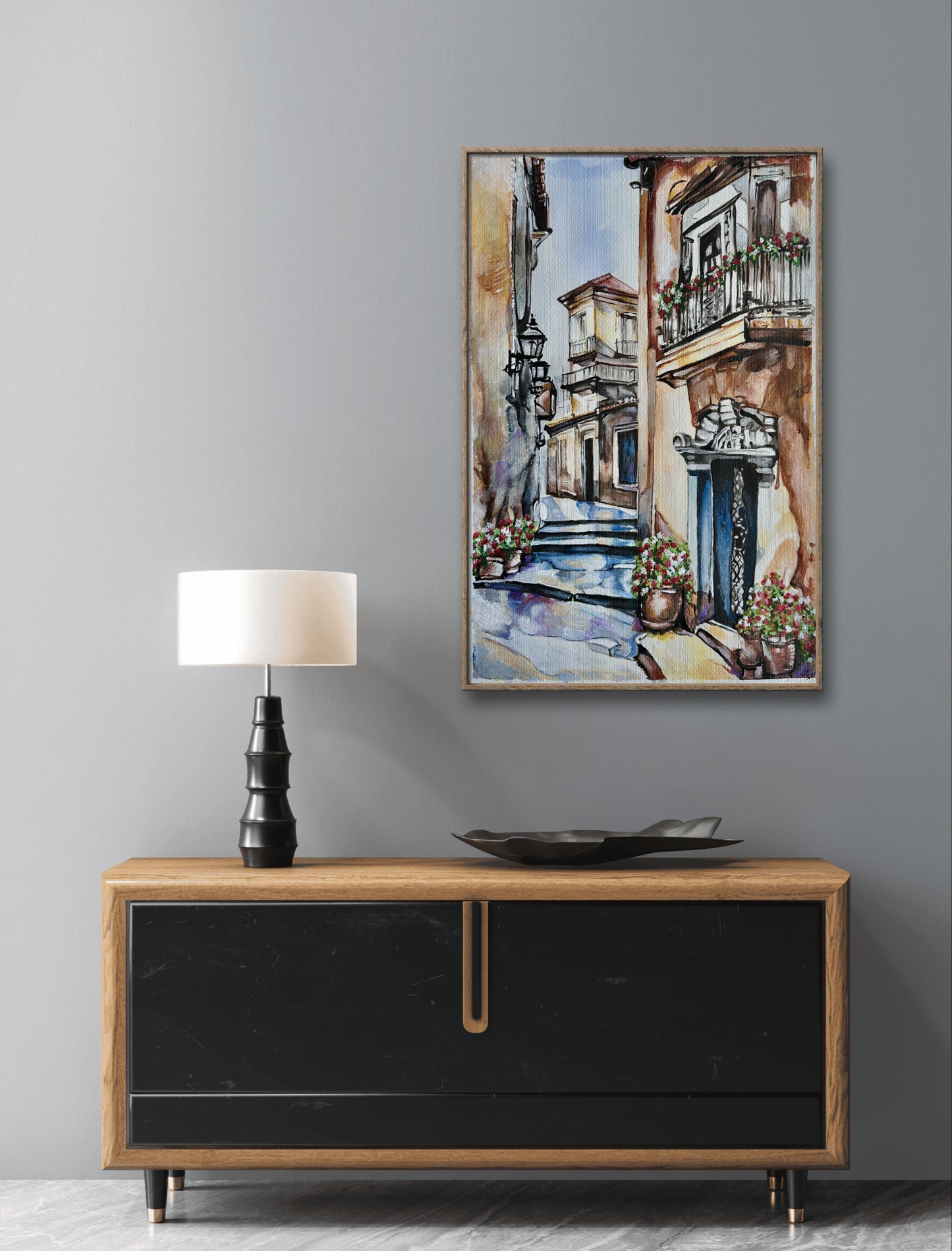 Fine art painting of a charming Mediterranean street with warm earth tones and blue shadows.