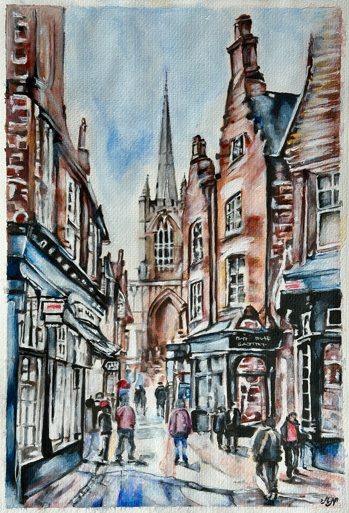 Historic Lincoln street scene in watercolour and acrylic by Malgorzata Nierobisz