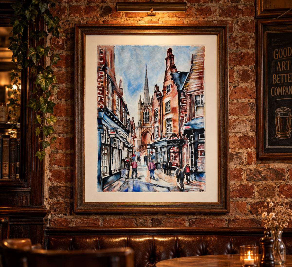 Misty Lady mixed media painting of a historic street in Lincoln, England