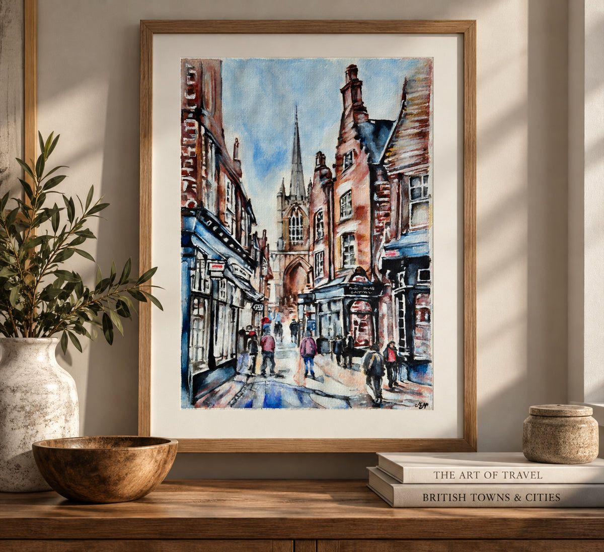 The Old Town – Lincoln, original mixed media cityscape painting by Misty Lady on textured paper