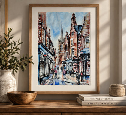 The Old Town – Lincoln, original mixed media cityscape painting by Misty Lady on textured paper
