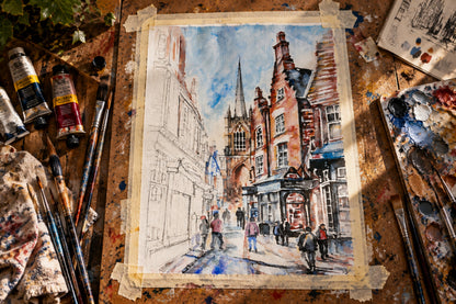 Lincoln old town cityscape artwork by Misty Lady, watercolour and acrylic on textured paper