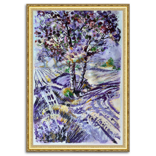 Serene lavender landscape with two trees