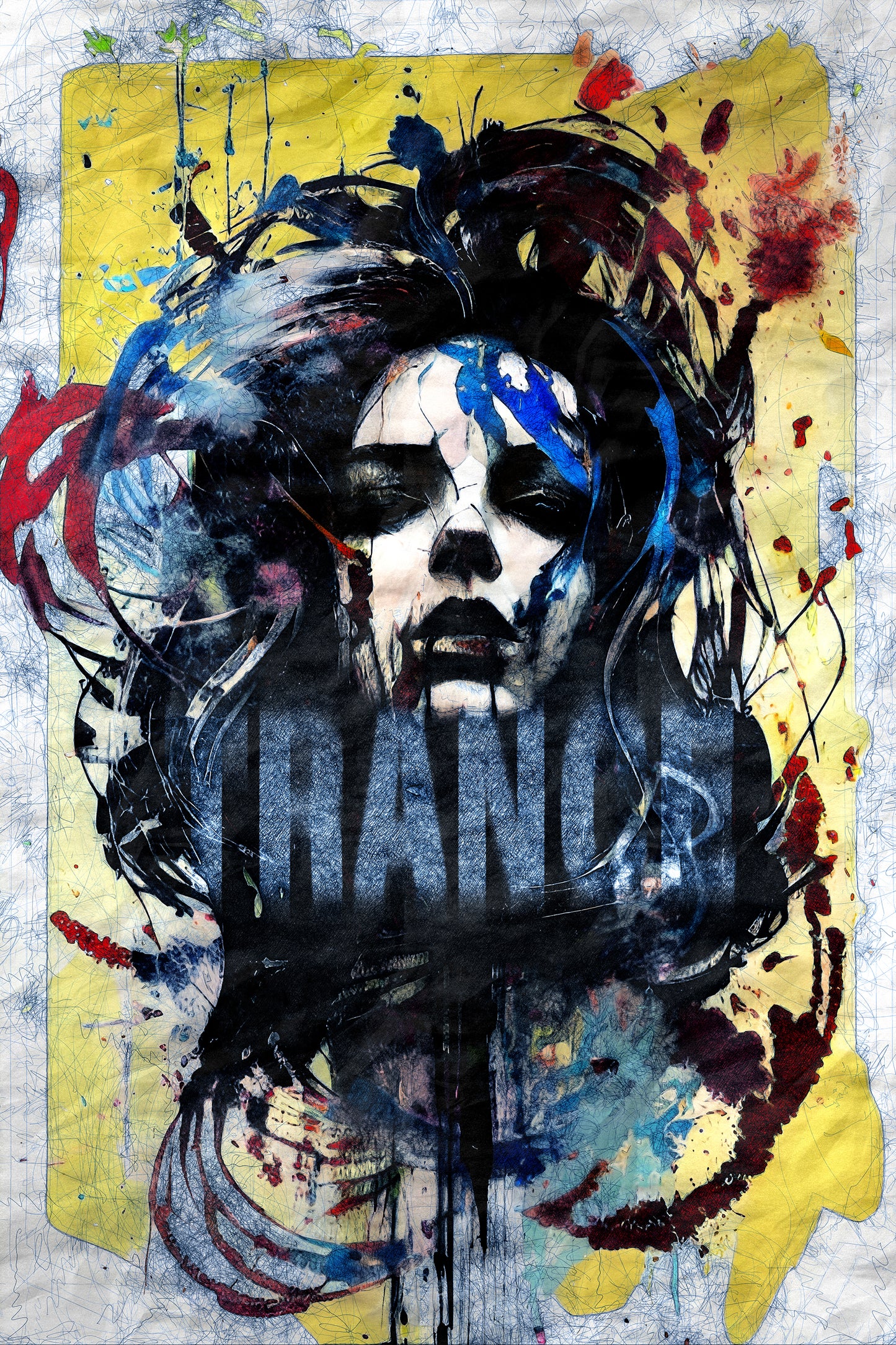 Portrait of a girl with "TRANCE" text and dynamic red and blue swirls on a yellow background