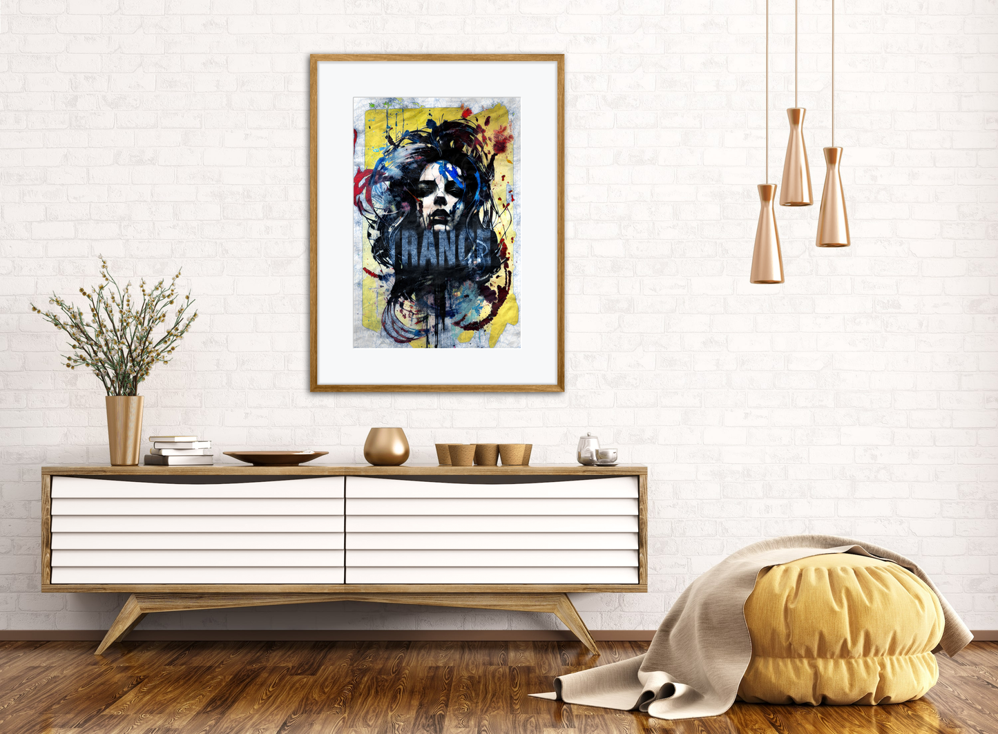 "TRANCE" digital art: Girl's portrait with blue pen lines and a distressed, vintage poster feel