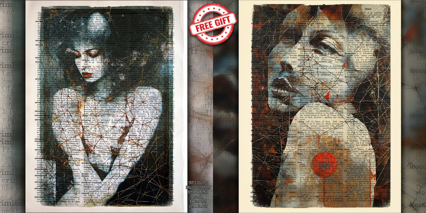 Mixed-media painting Surreal Dreams showing a woman's portrait in a surreal world with shadows and broken glass.