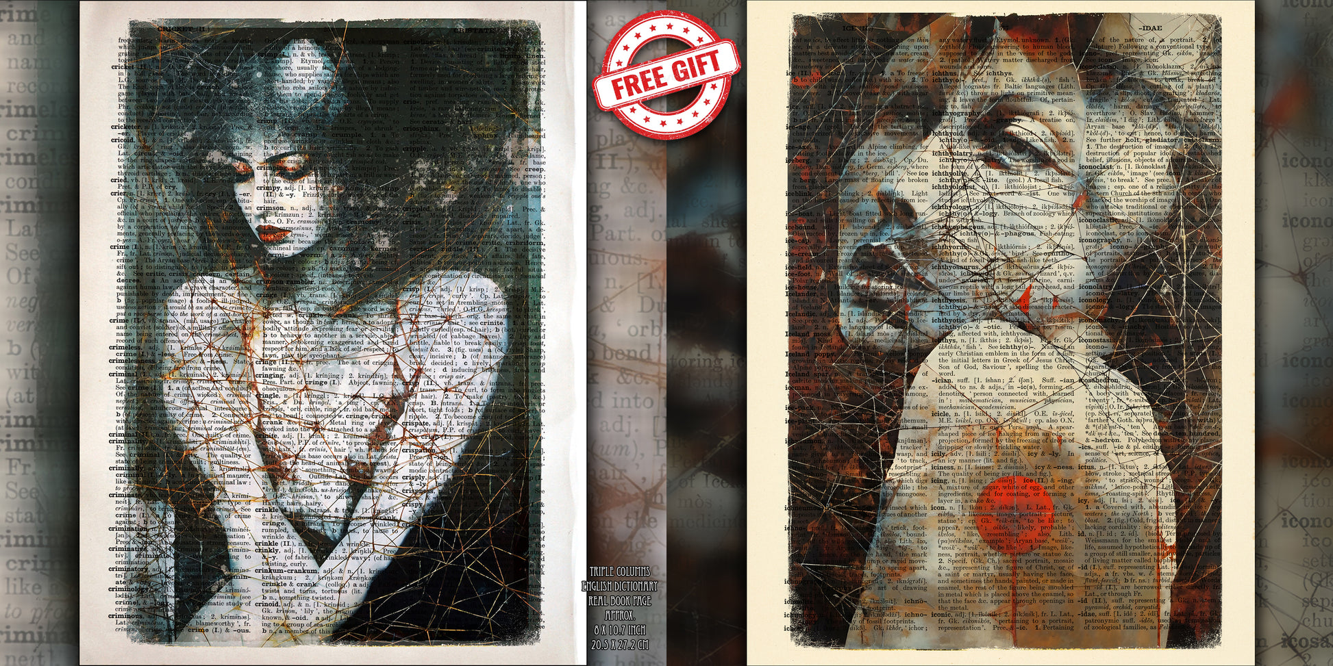 Mixed-media painting Surreal Dreams showing a woman's portrait in a surreal world with shadows and broken glass.