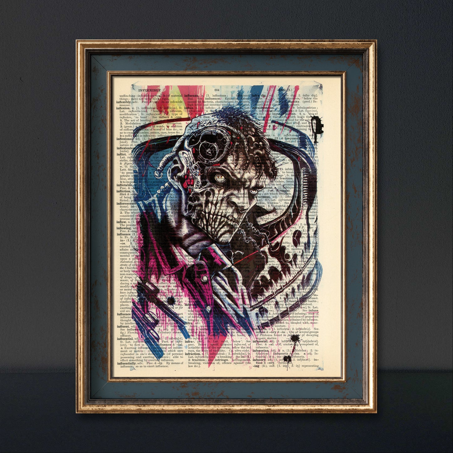 Upcycled dictionary page adds whimsical charm to the creepy artwork.