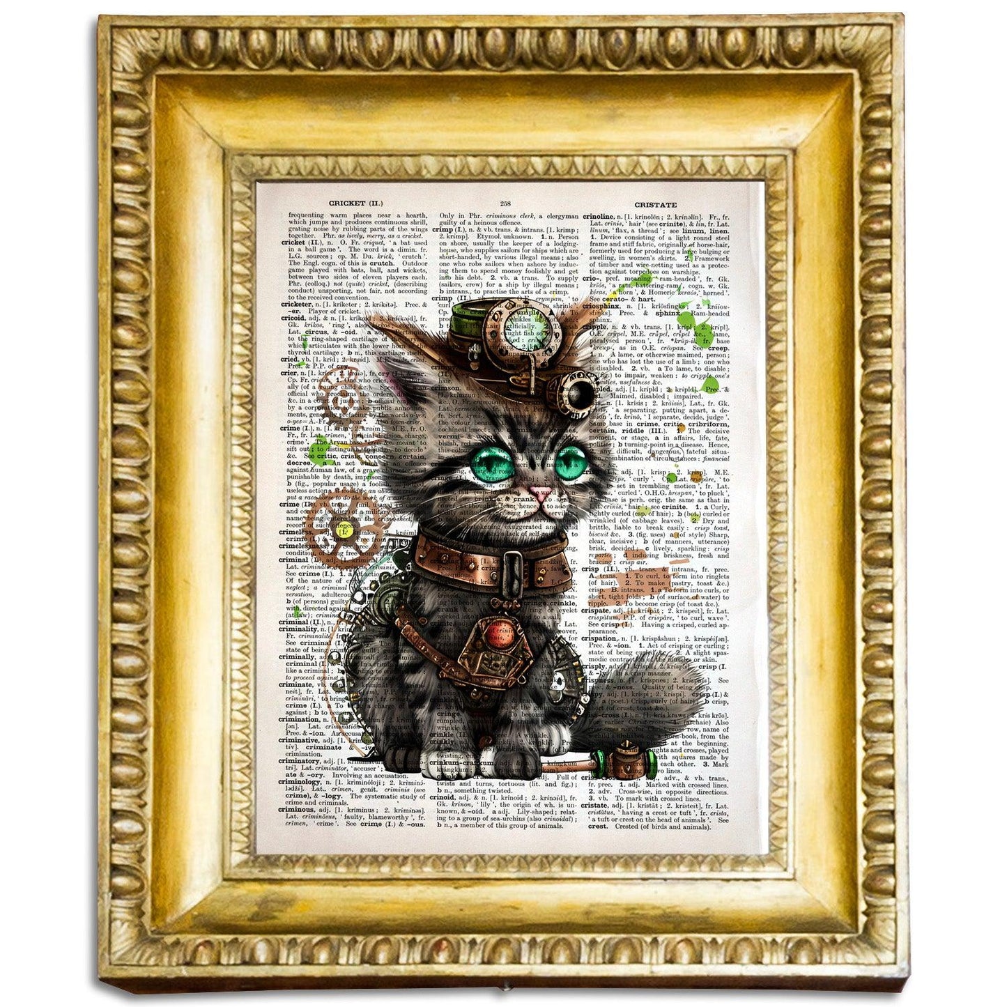 Green Eyes Kitten - Steampunk Dictionary Art Print, Fine Art Print, Funny Animal, Perfect Gift - ArtCursor