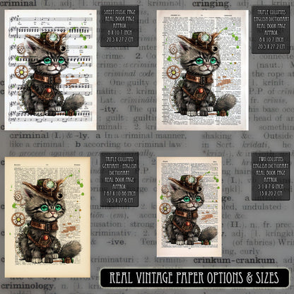 Green Eyes Kitten - Steampunk Dictionary Art Print, Fine Art Print, Funny Animal, Perfect Gift - ArtCursor