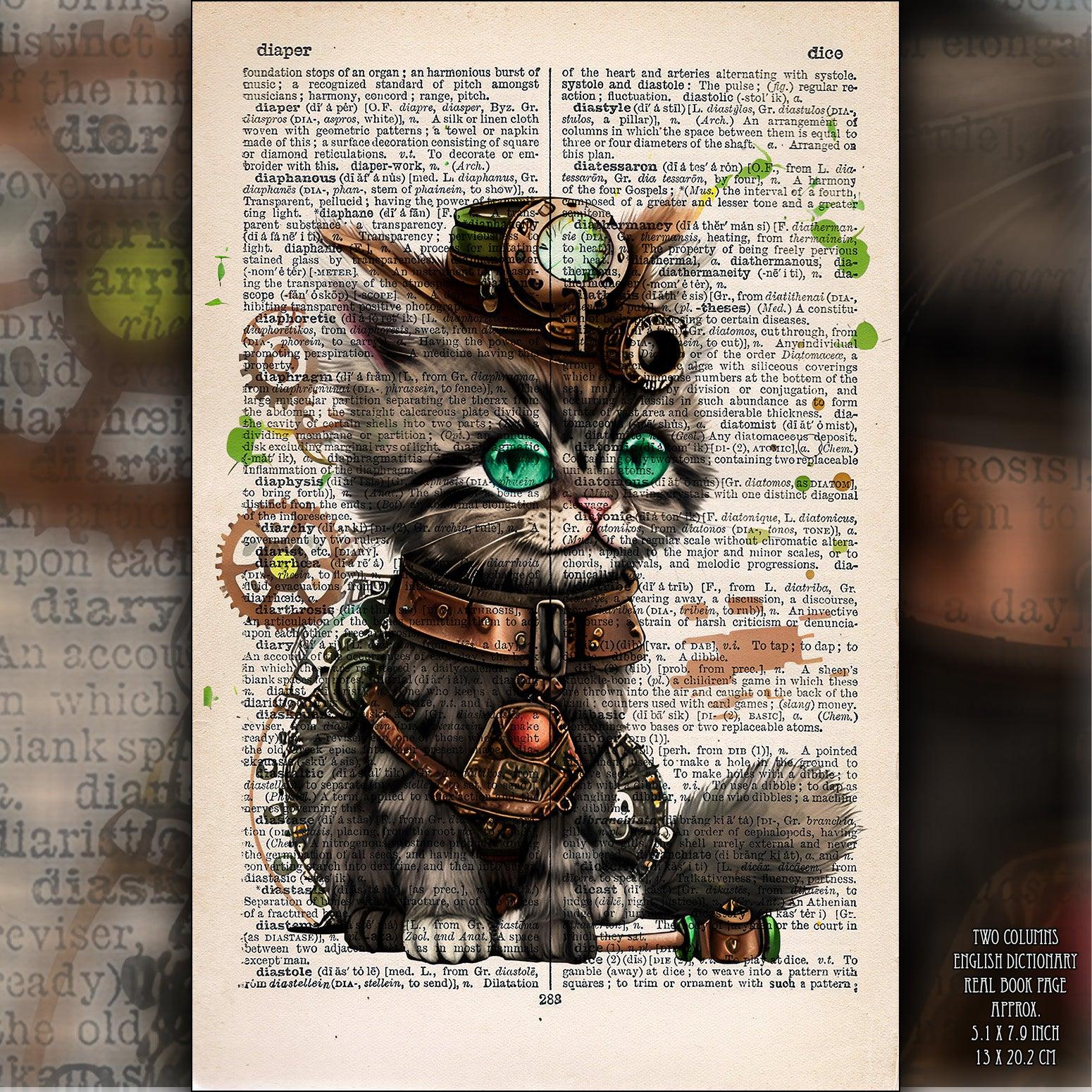 Green Eyes Kitten - Steampunk Dictionary Art Print, Fine Art Print, Funny Animal, Perfect Gift - ArtCursor