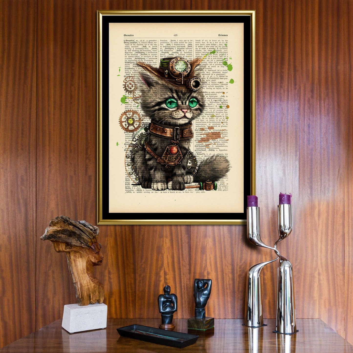 Green Eyes Kitten - Steampunk Dictionary Art Print, Fine Art Print, Funny Animal, Perfect Gift - ArtCursor