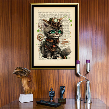 Green Eyes Kitten - Steampunk Dictionary Art Print, Fine Art Print, Funny Animal, Perfect Gift - ArtCursor