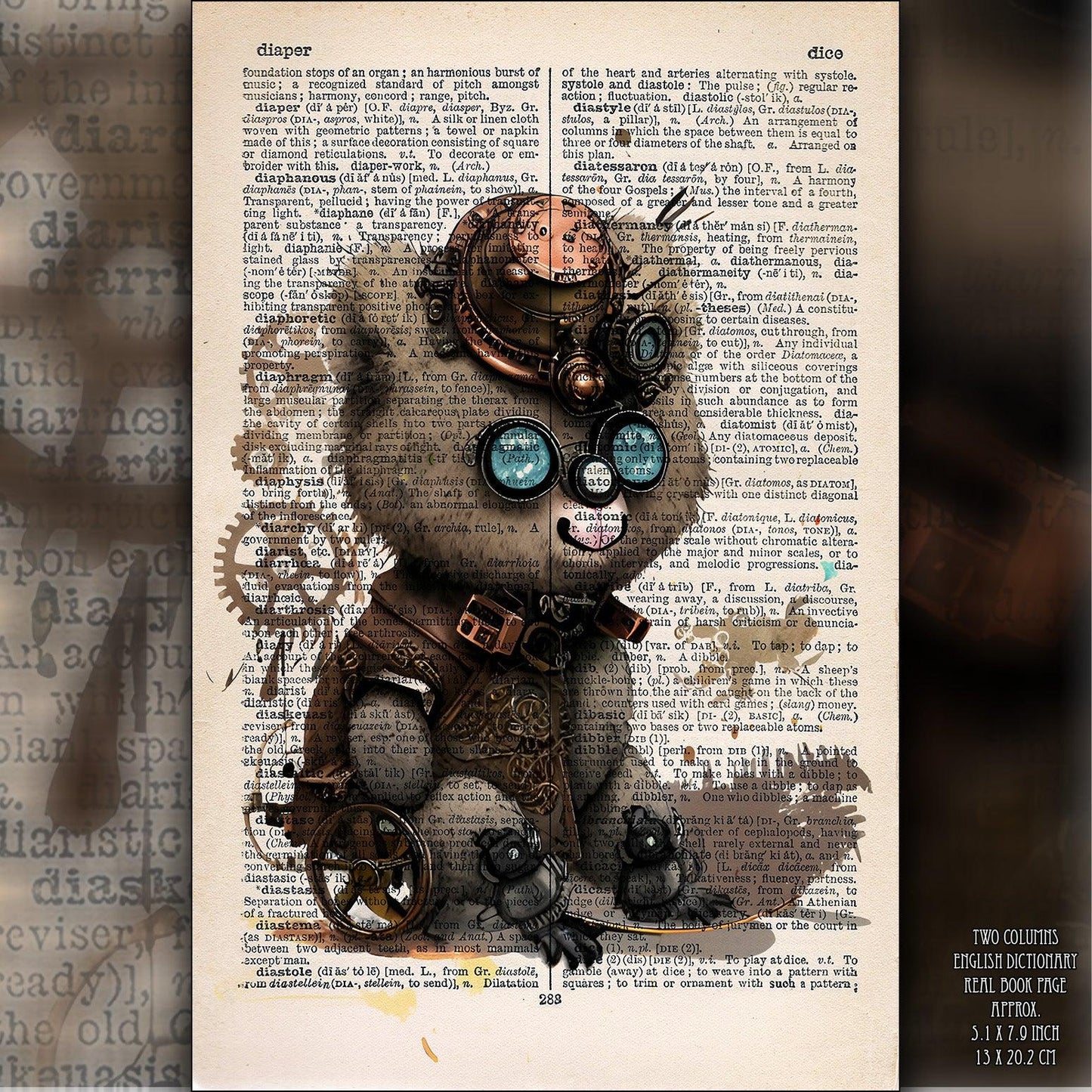 Smiling Funny Bear - Steampunk Dictionary Art Print, Fine Art Print, Funny Animal, Perfect Gift - ArtCursor