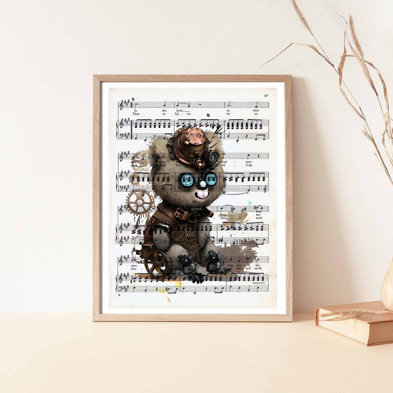 Smiling Funny Bear - Steampunk Dictionary Art Print, Fine Art Print, Funny Animal, Perfect Gift - ArtCursor