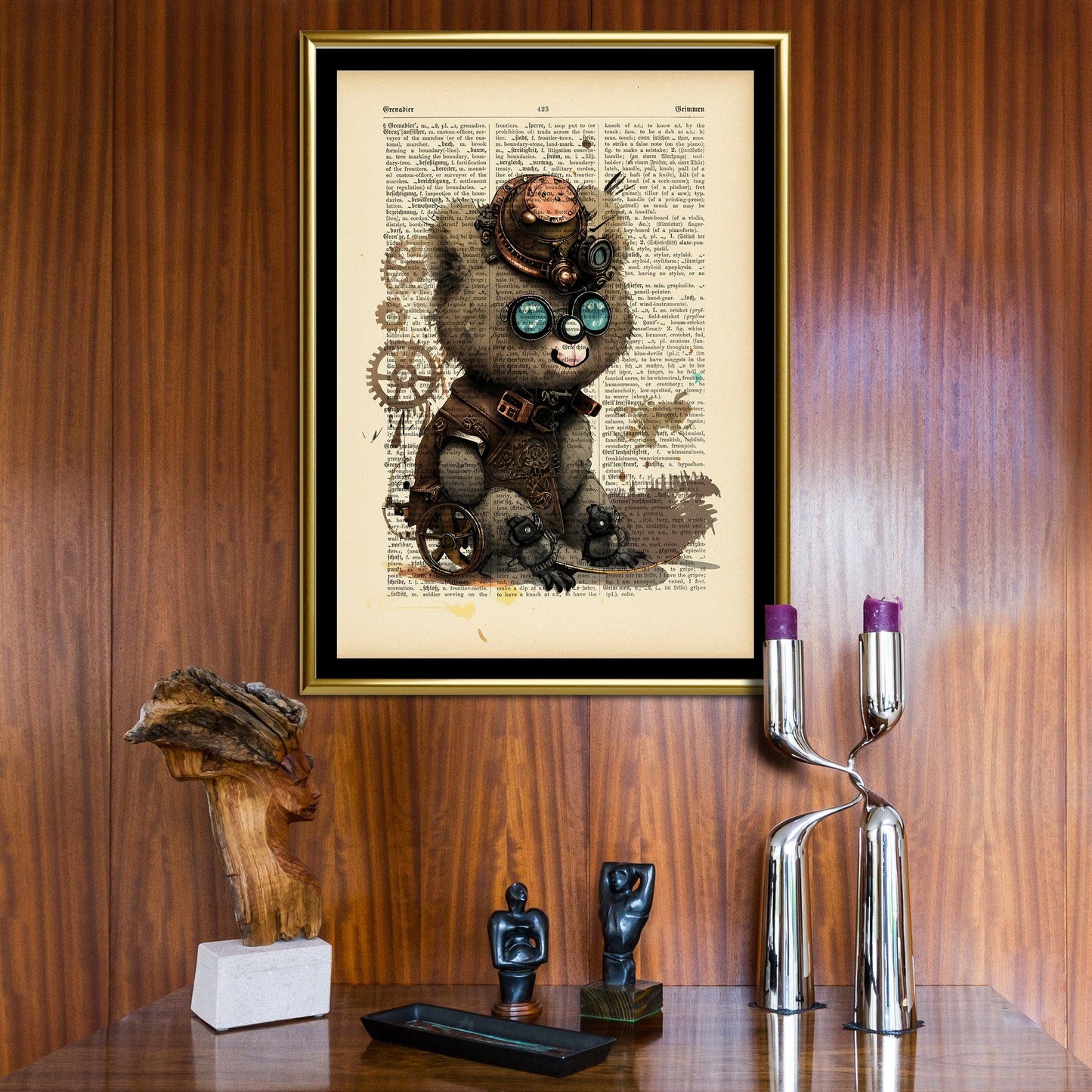 Smiling Funny Bear - Steampunk Dictionary Art Print, Fine Art Print, Funny Animal, Perfect Gift - ArtCursor