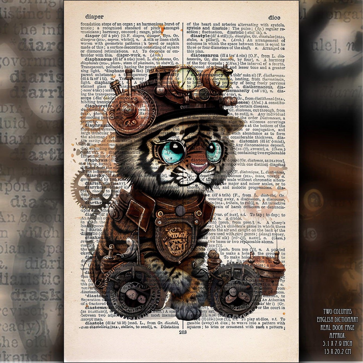 Tiger with Cogs - Steampunk Dictionary Art Print, Fine Art Print, Funny Animal, Perfect Gift, Whimsical Steampunk Tiger Collage Print - ArtCursor