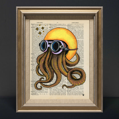 Long-tentacled octopus on a motorcycle with a yellow helmet, painting on an antique dictionary page.